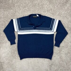 Vintage 90s David Gregg Striped Navy Blue Acrylic Knit Sweater Small